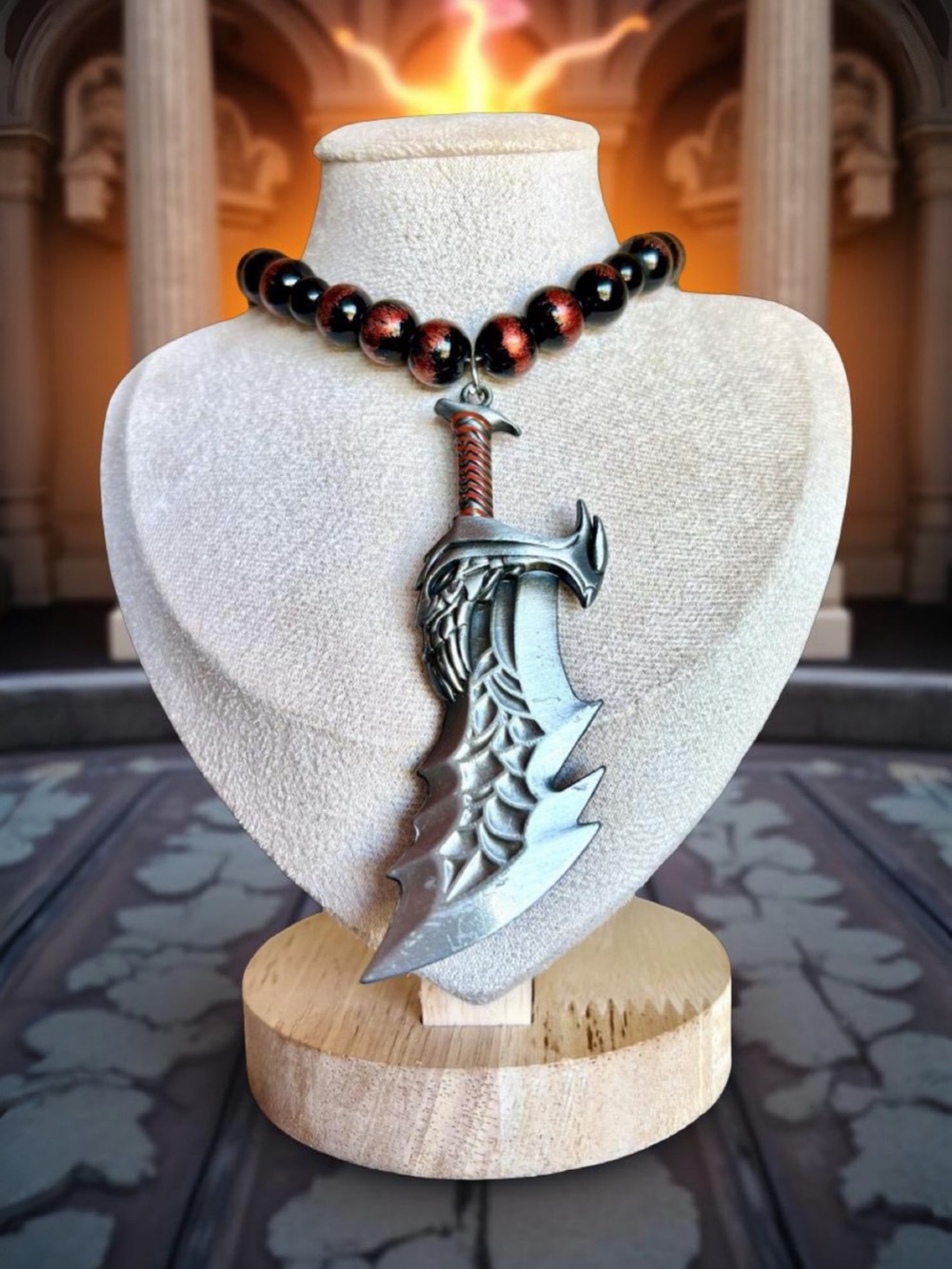 One of a kind Men's Black & Beaded Necklace with Silver Fantasy Sword Pendant